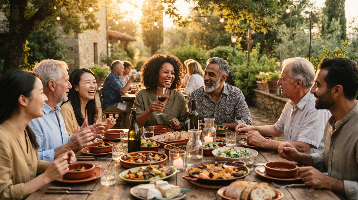 A diverse group of people enjoying a communal meal together outdoors, highlighting connection and shared joy.